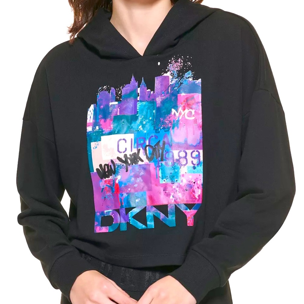 Women's DKNY Oversized Graffiti Logo Hoodie Sweatshirt Black NWT Size Large